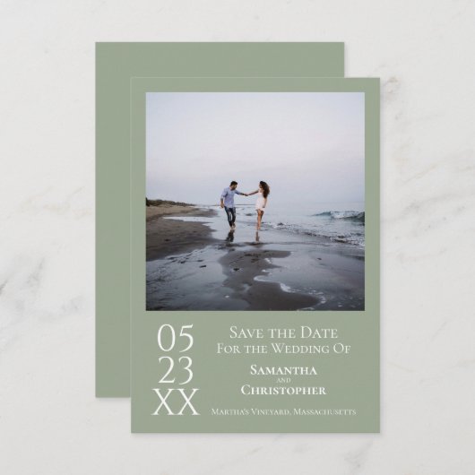 Simple Sage Green Moderne Minimalistische Foto Hoc Save The Date (Vorne/Hinten)