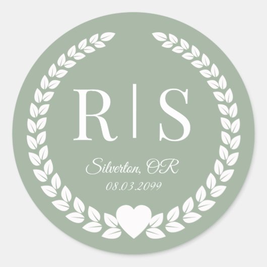 Simple Sage Green Monogram Wedding Runder Aufkleber (Vorderseite)