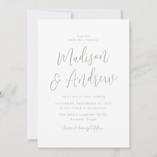 Simple Sage Green Script Wedding Einladung (Vorderseite)