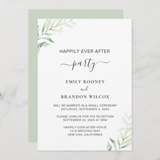 Simple Sage Greenery Elegante Wedding Empfang Einladung (Vorne/Hinten)