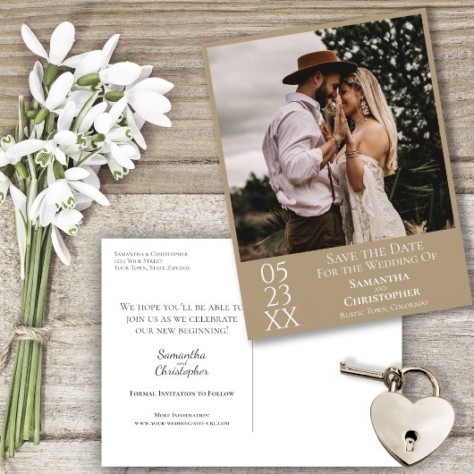 Simple Sandy Tan Wedding Save the Date Foto Postkarte
