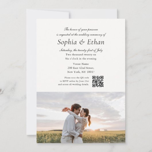 Simple Script 2 Photo QR Code Off White Wedding Einladung (Vorderseite)