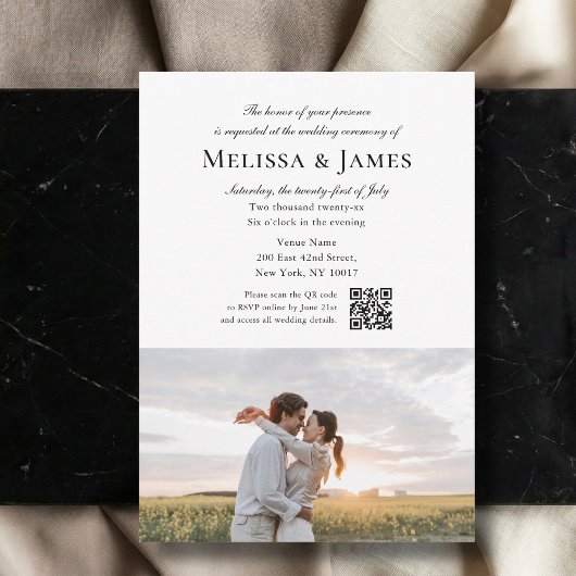 Simple Script 2 Photo White QR Code Wedding Einladung