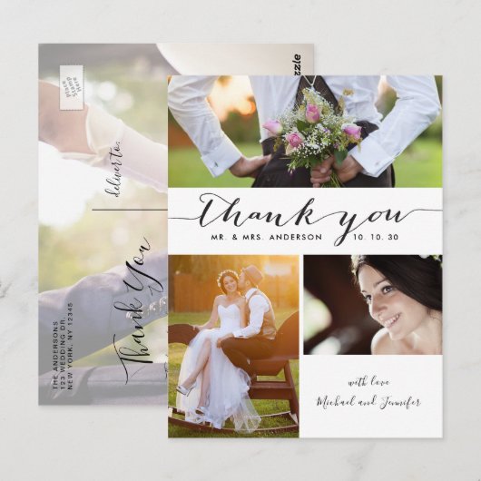 Simple Script 3 Foto Wedding Vielen Dank Postkarte (Vorne/Hinten)