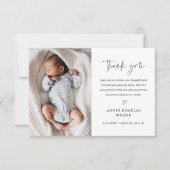 Simple Script Black and White Baby Photo Dankeskarte (Vorderseite)