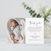 Simple Script Black and White Baby Photo Dankeskarte (Stehend Vorderseite)