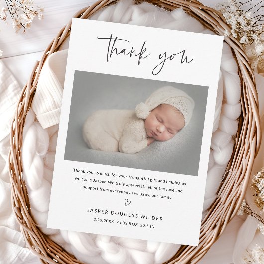 Simple Script Black and White Baby Photo Dankeskarte