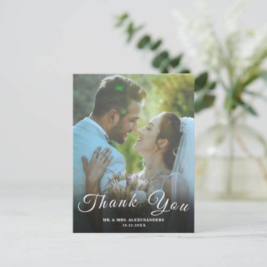 Simple Script Custom Foto White Wedding Danke U Postkarte (Stehend Vorderseite)