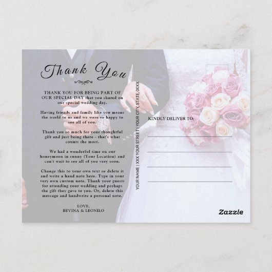 Simple Script Custom Foto White Wedding Danke U Postkarte (Rückseite)