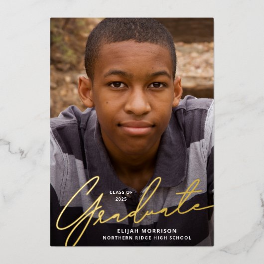 Simple Script Gold Foil Foto Graduation Party Folieneinladung (Vorderseite)