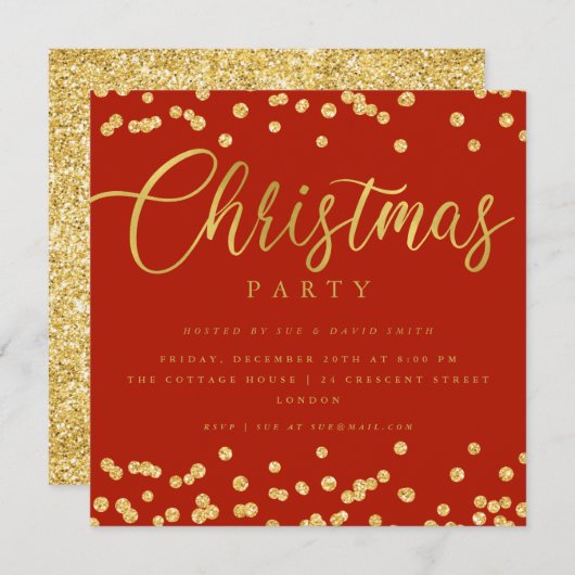 Simple Script Gold Red Confetti Weihnachts-Party Einladung (Vorne/Hinten)