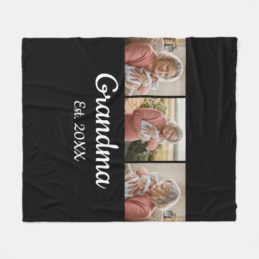 Simple Script Grandma Est. 3 Photo Year Fleecedecke (Vorderseite (Horizontal))