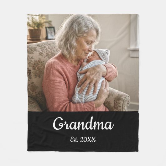 Simple Script Grandma Est.Photo Year Black Fleecedecke (Vorderseite)