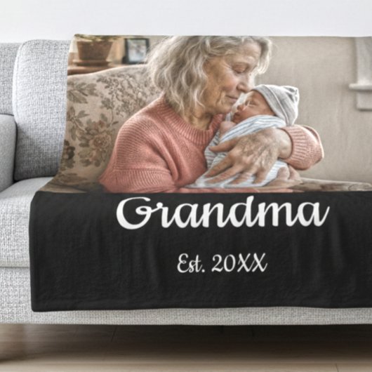Simple Script Grandma Est.Photo Year Black Fleecedecke