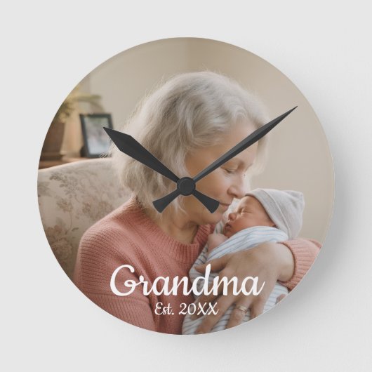 Simple Script Grandma Est.Photo Year Black Runde Wanduhr (Vorderseite)
