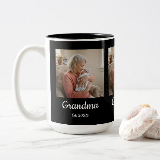 Simple Script Grandma Est.Photo Year Black Zweifarbige Tasse (Mit Donut)