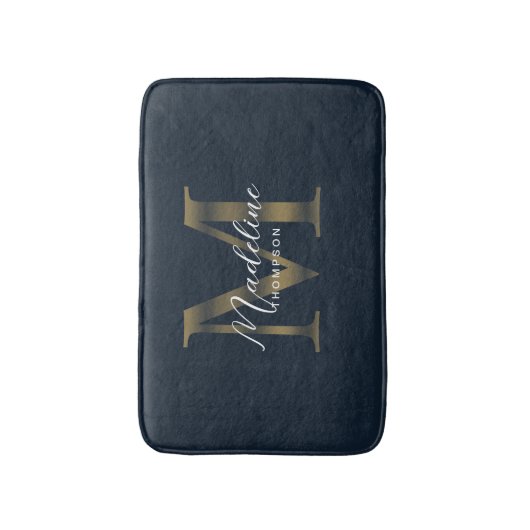 Simple Script Metallic Navy Blue Gold Monogram Badematte (Vorderseite Vertikal)