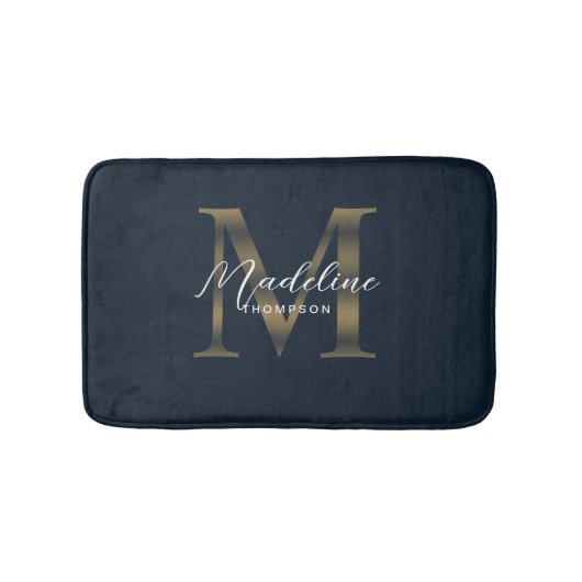 Simple Script Metallic Navy Blue Gold Monogram Badematte (Vorderseite)