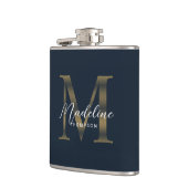 Simple Script Metallic Navy Blue Gold Monogram Flachmann (Links)