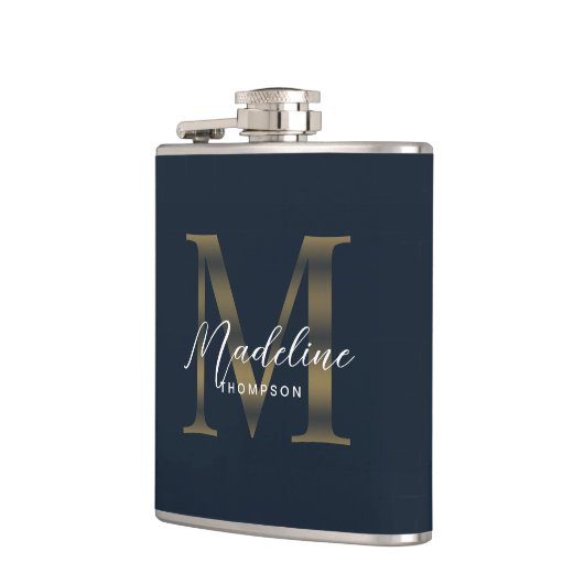 Simple Script Metallic Navy Blue Gold Monogram Flachmann (Links)
