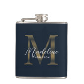 Simple Script Metallic Navy Blue Gold Monogram Flachmann (Vorderseite)