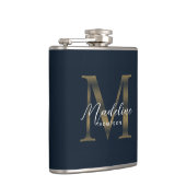 Simple Script Metallic Navy Blue Gold Monogram Flachmann (Rechts)