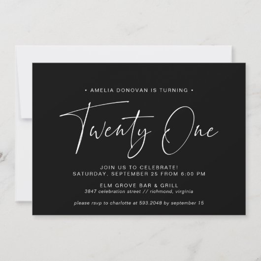 Simple Script | Modern Minimal Black 21st Birthday Einladung (Vorderseite)