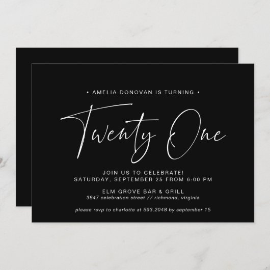 Simple Script | Modern Minimal Black 21st Birthday Einladung (Vorne/Hinten)