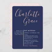 SIMPLE SCRIPT moderne Bat Mitzvah Marine blau pink Einladung (Vorne/Hinten)
