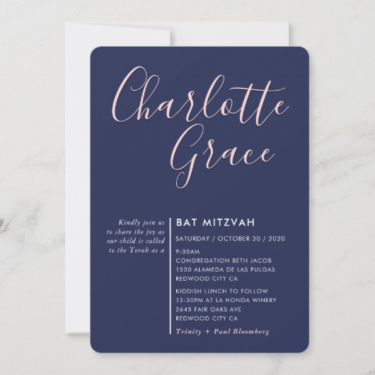 SIMPLE SCRIPT moderne Bat Mitzvah Marine blau pink Einladung (Vorderseite)