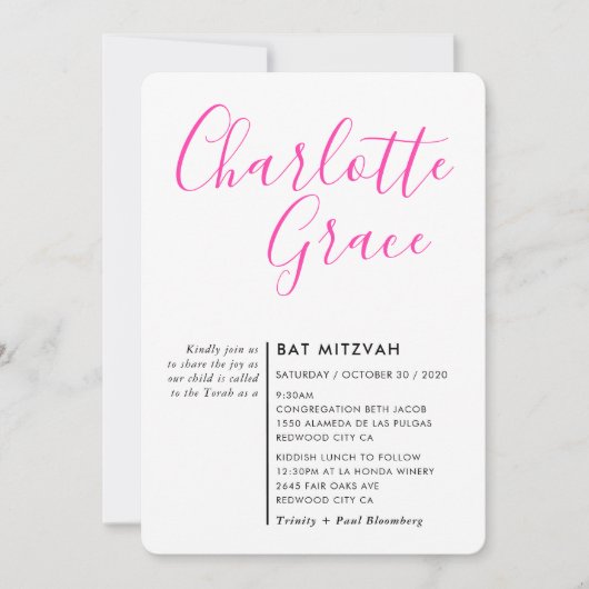 SIMPLE SCRIPT Modernes Bat Mitzvah schwarz hell ro Einladung (Vorderseite)