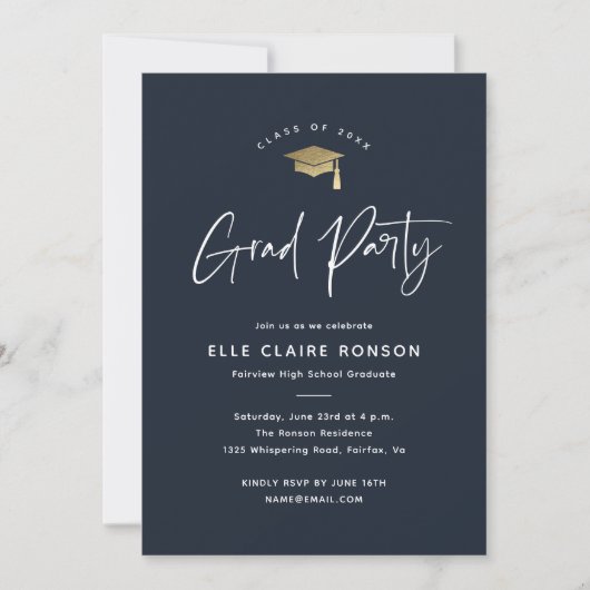 Simple Script Navy Blue Graduation Party Einladung (Vorderseite)