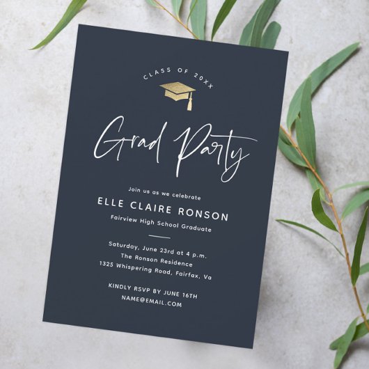 Simple Script Navy Blue Graduation Party Einladung