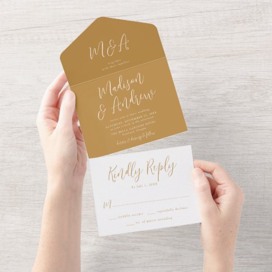 Simple Script Ochre Wedding All In One Einladung (Abreißen)