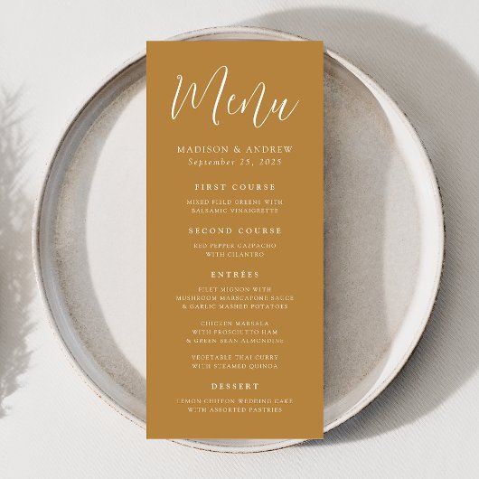 Simple Script Ochre Wedding Menükarte
