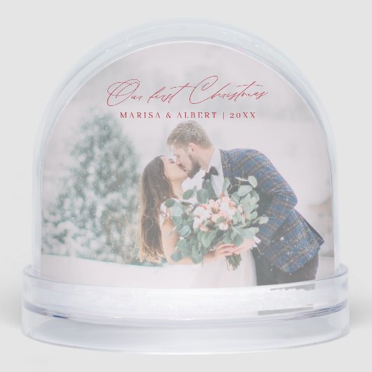 Simple Script Our First Christmas Wedding Photo Schneekugeln (Vorderseite)