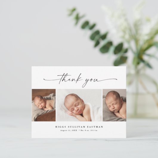 Simple Script Photo Collage Baby Thank You Postkarte (Stehend Vorderseite)