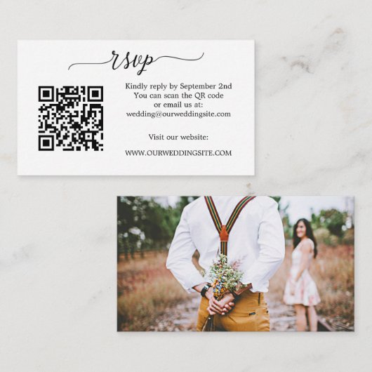 Simple Script Photo QR Code Wedding RSVP Enclosure Begleitkarte (Vorne/Hinten)