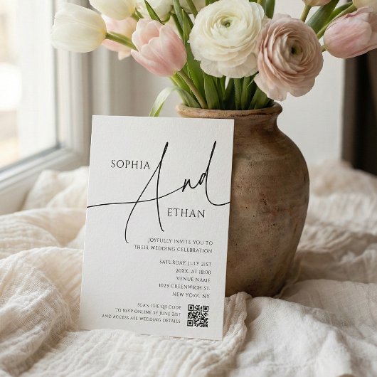 Simple Script Typography QR Code White Wedding Einladung