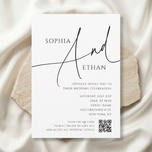Simple Script Typography QR Code White Wedding Einladung