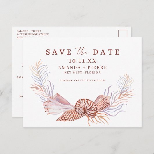 Simple Seashell Beach Wedding Save the Date Ankündigungspostkarte (Vorne/Hinten)