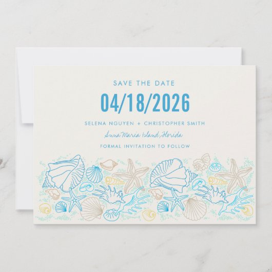 Simple Seashell Foto Beach Wedding Save the Date (Vorderseite)