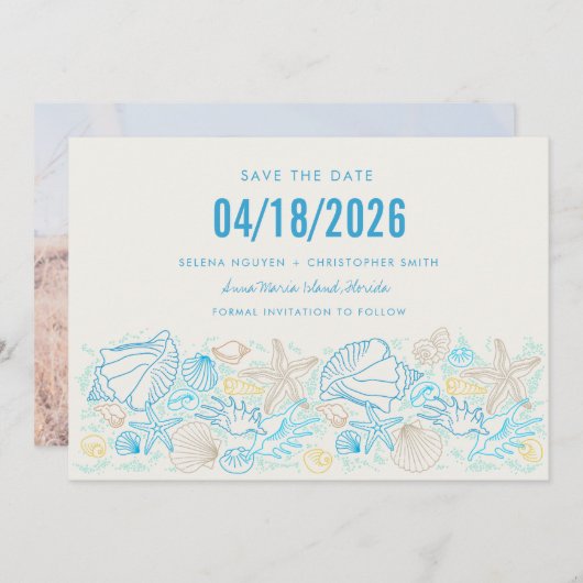 Simple Seashell Foto Beach Wedding Save the Date (Vorne/Hinten)