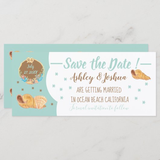 Simple Seashells Beach Save the Date Card (Vorne/Hinten)