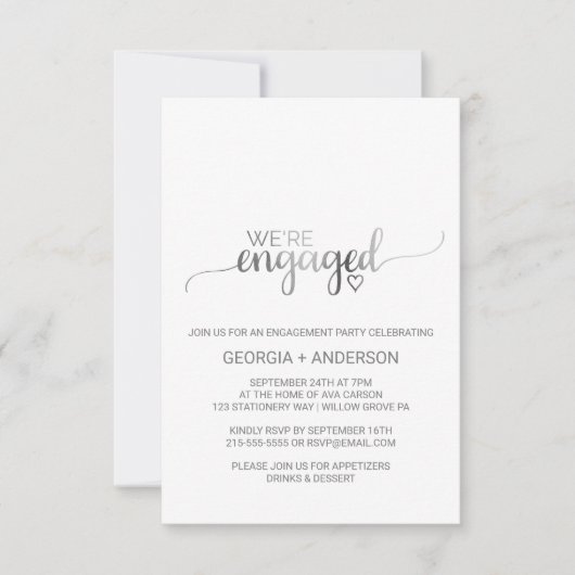 Simple Silver Foil Calligrafy Engagement Party RSVP Karte (Vorderseite)