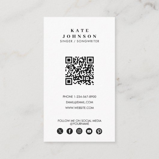 Simple Singer Musician Foto Social Media QR-Code Visitenkarte (Rückseite)