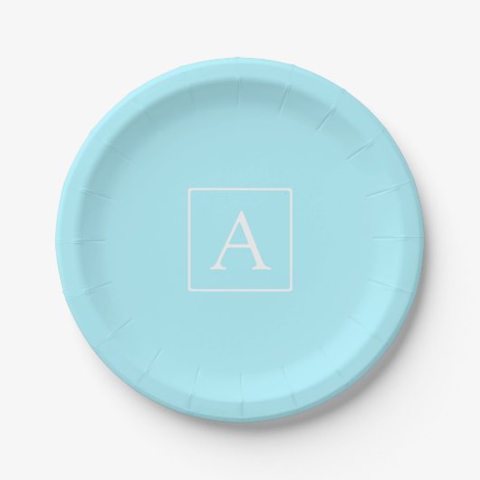 Simple Sky Blue Monogram Pappteller (Vorderseite)