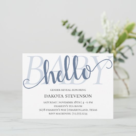 Simple Slate Hello Baby | Dusty Blue Script Dusche Einladung (Stehend Vorderseite)