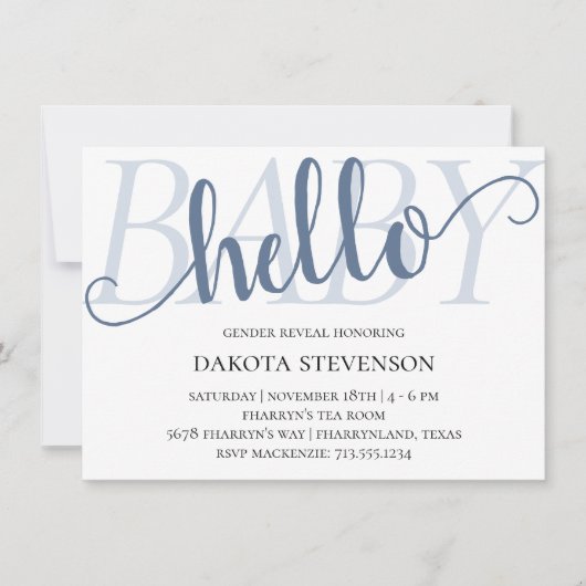 Simple Slate Hello Baby | Dusty Blue Script Dusche Einladung (Vorderseite)
