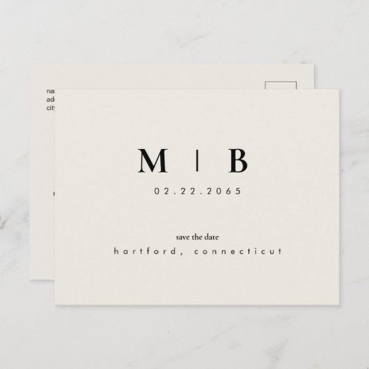 Simple Sleek Monogram Beige Save the Date Hochzeit Postkarte (Vorne/Hinten)